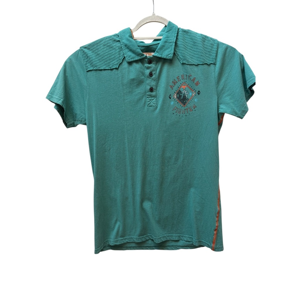 American‎ Fighter Polo Men L Teal Cotton Garder Graphic Short Sleeve  MMA Biker